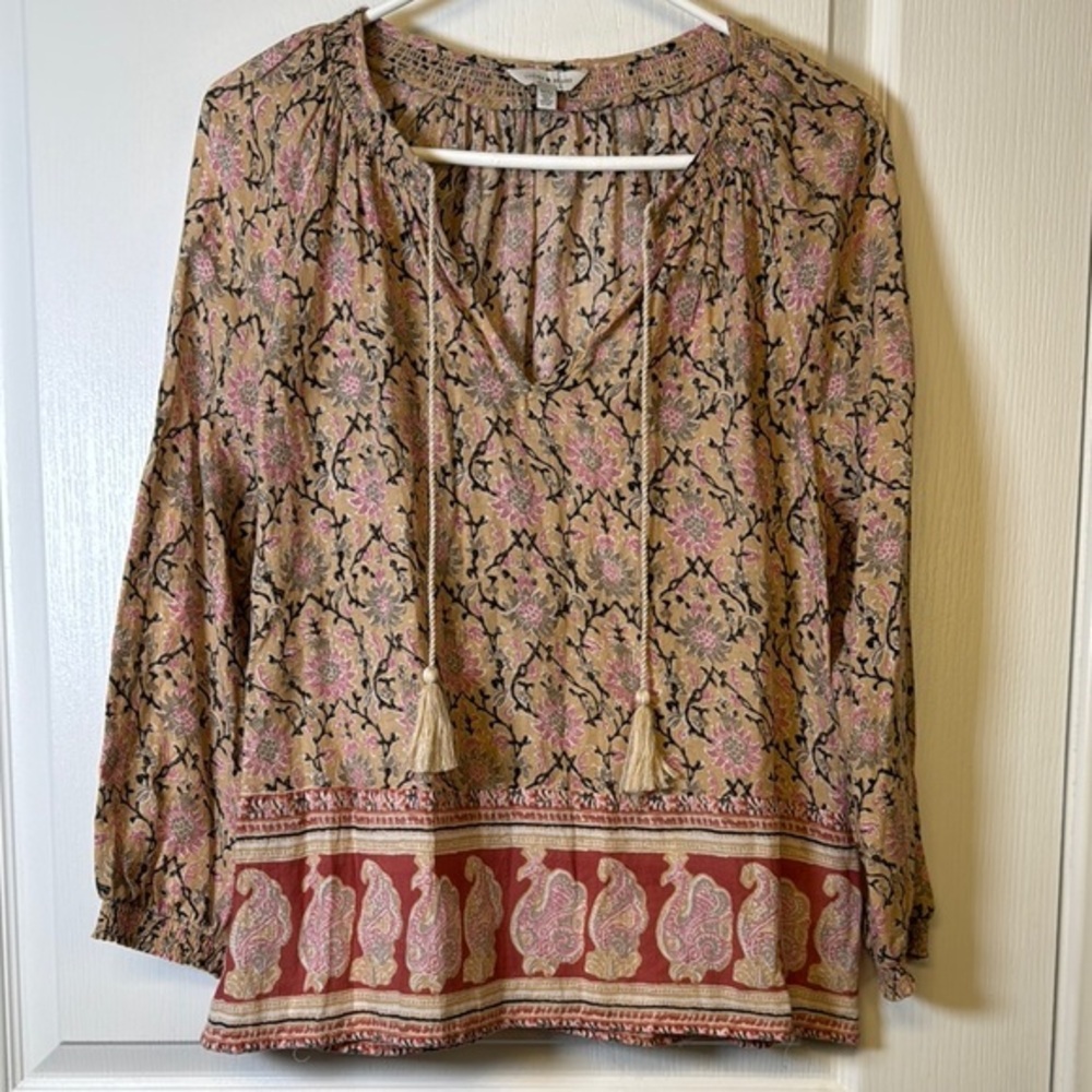 Lucky Brand Pink Floral Long Sleeve V-Neck Tie Peasant Blouse Size Med EUC #2619